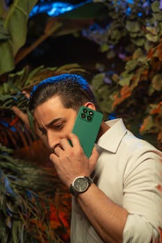 A man holding a green smartphone, surrounded by lush greenery, conveying a modern tech vibe.