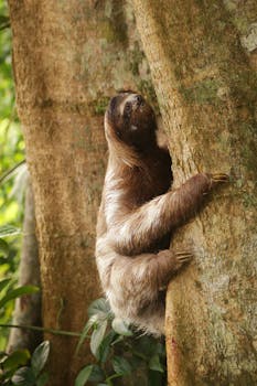 A brown sloth grips firmly onto a large tree trunk in its tropical rainforest habitat.