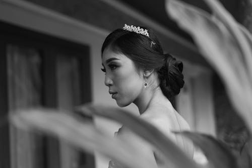 Monochrome Photo of Woman Wearing Tiara