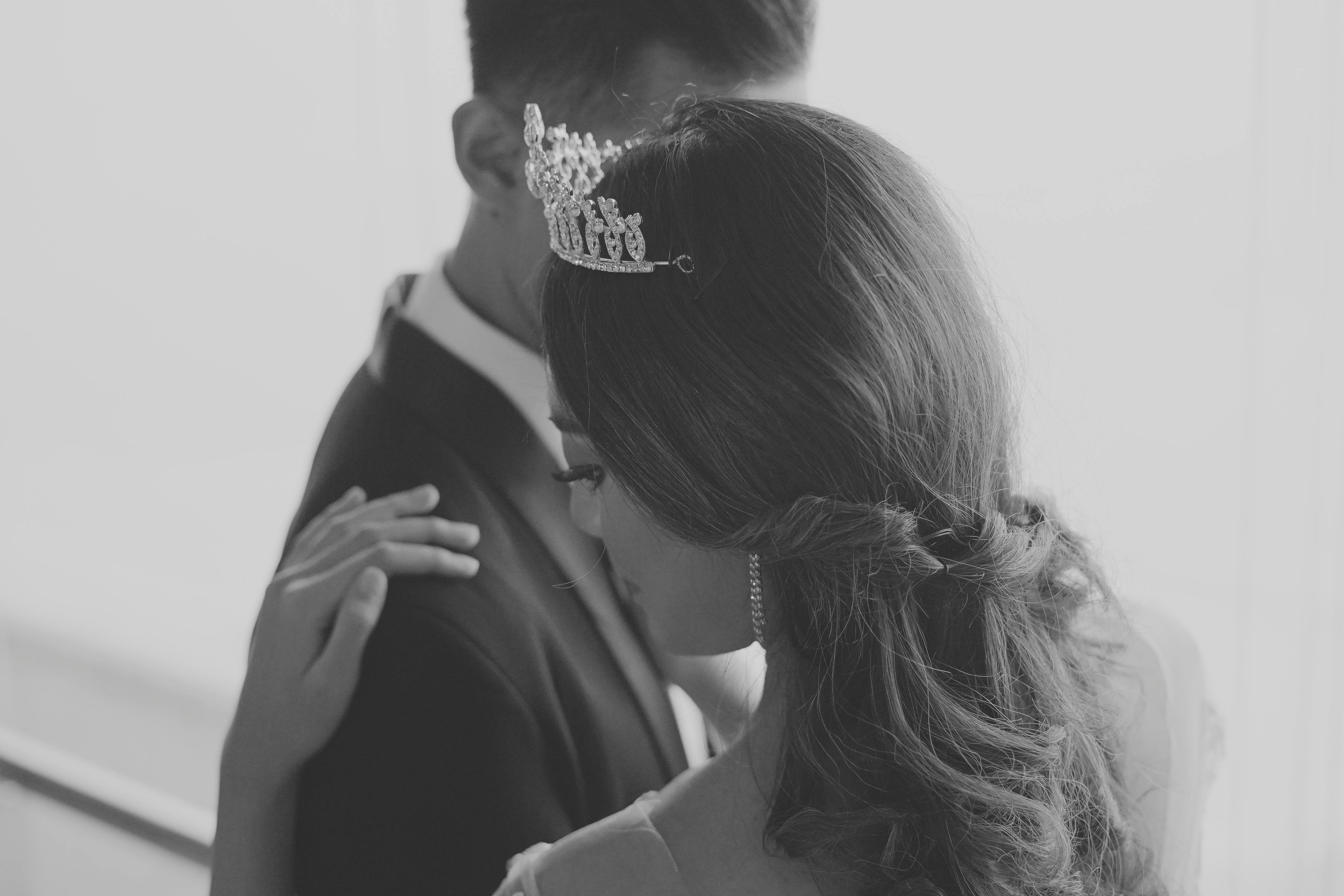 grayscale photography of wedding couple