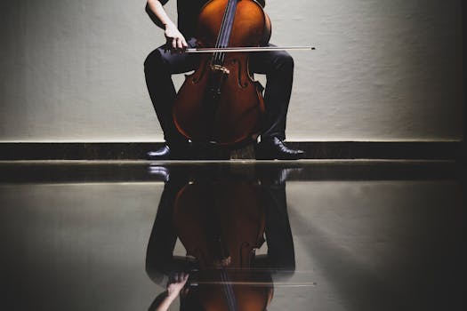 Elegant reflection of a cellist playing a cello in an indoor setting, emphasizing classical music themes.