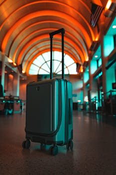 A modern suitcase in a vibrant airport terminal evokes travel excitement.