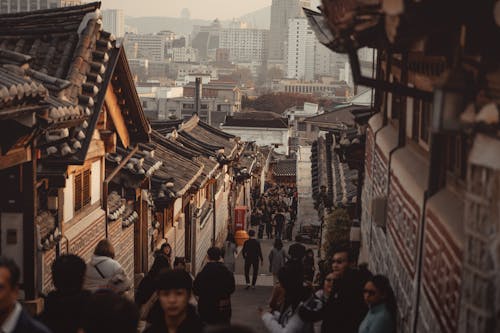 Crowded Alley Between Traditional Hanok Houses