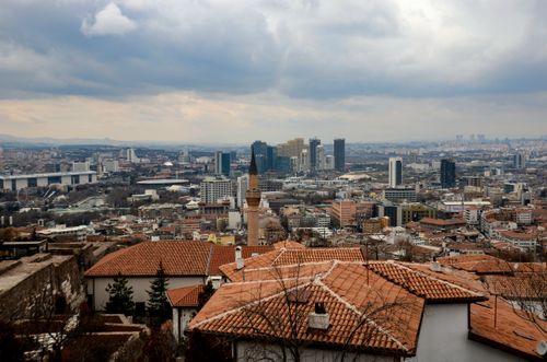 Free Panoramic view of Ankara showing a blend of modern skyscrapers and traditional rooftops. Stock Photo