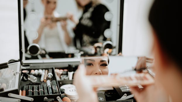 Bride getting her makeup done with a beautician in front of a mirror. Focus on reflection.