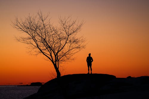 A person standing on a rock at sunset