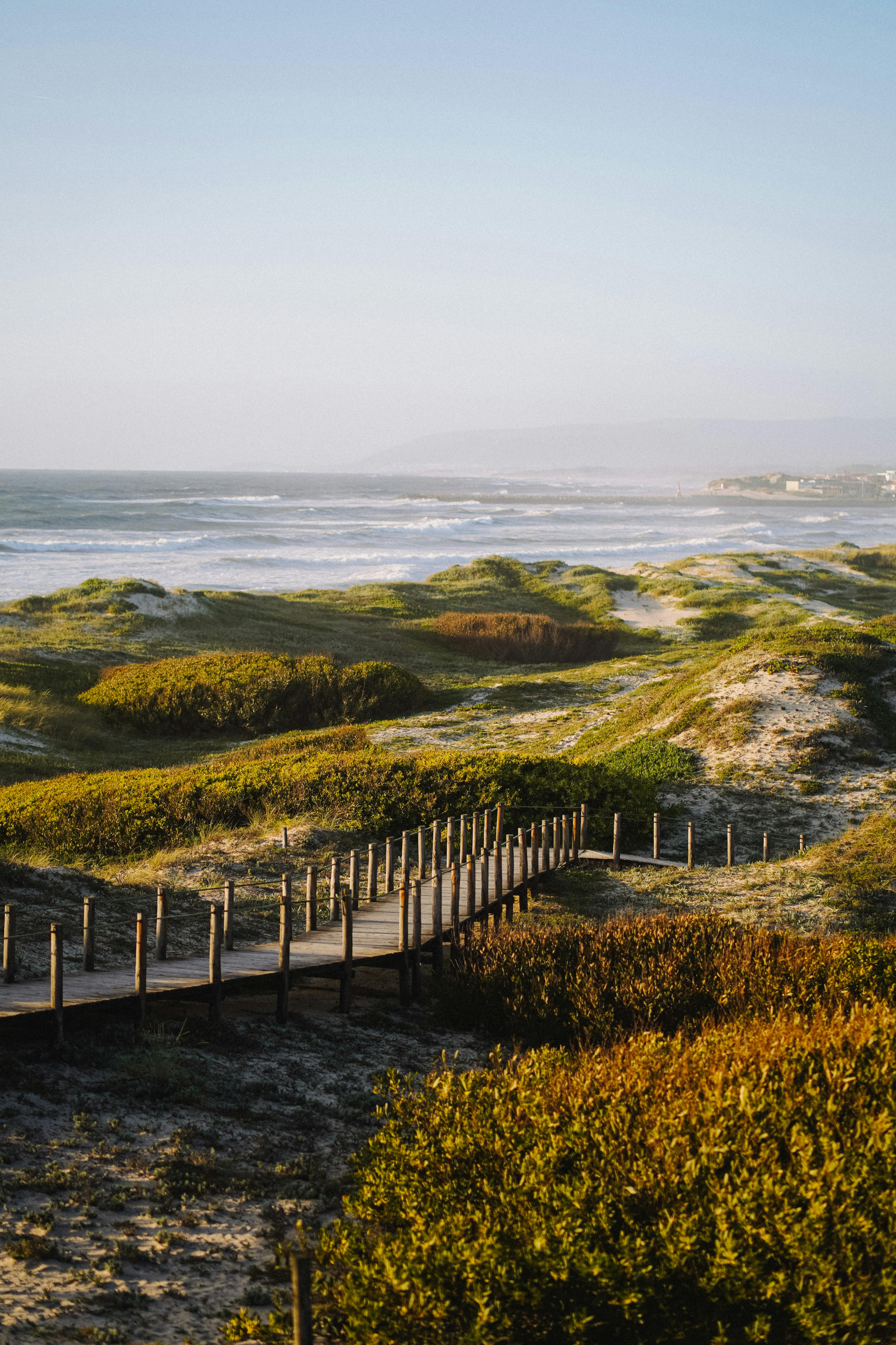 Wooden boardwalk through coastal dunes with ocean view, perfect for nature and travel themes.