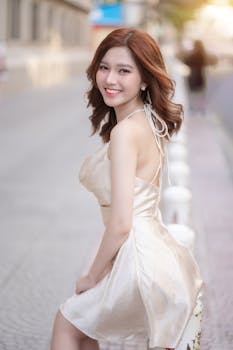 Charming woman in a white dress smiling in an urban setting, showcasing elegance and fashion.