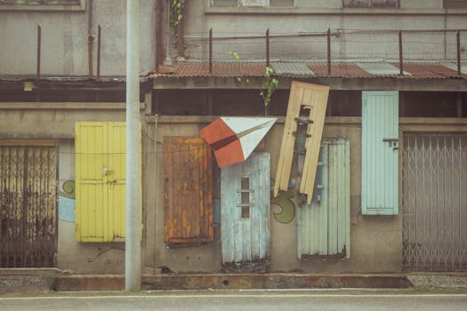 A collection of colorful, weathered doors on an urban street wall in Ipoh, Malaysia.