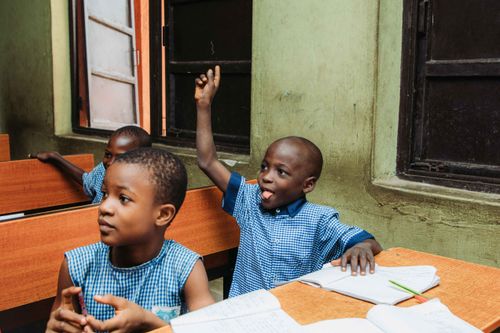 Free Two young boys in a classroom, one raising his hand with enthusiasm. Stock Photo