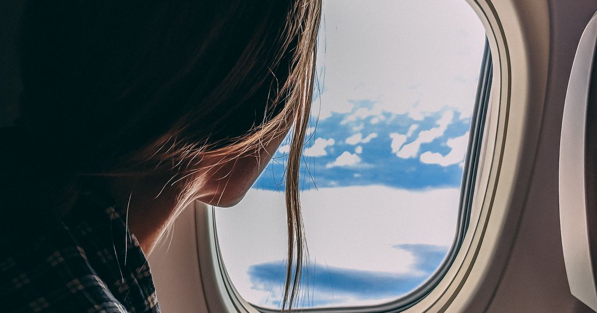 Traveller waiting at an airport window with a suitcase