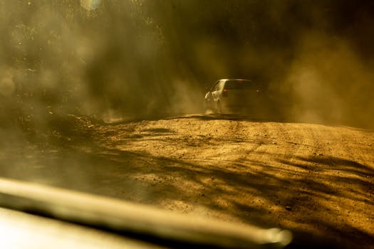 在巴西米纳斯吉拉斯，一辆汽车行驶在尘土飞扬的乡村道路上，温暖的阳光透过树木洒落下来