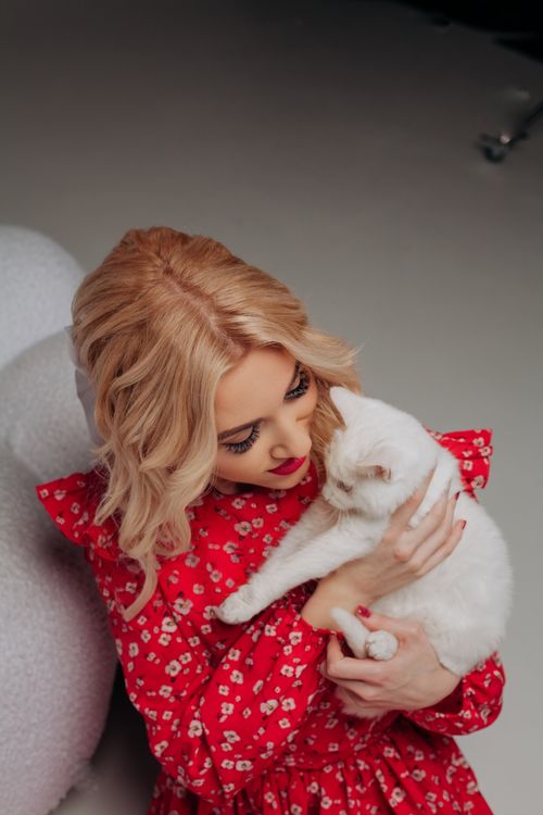 Free A stylish blonde woman embraces a white cat while wearing a red dress indoors. Stock Photo