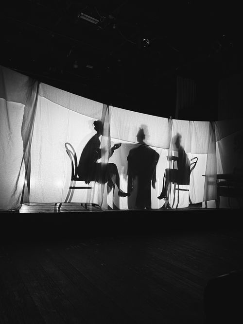 Free Artistic black and white photo with silhouettes behind a screen creating a dramatic shadow effect. Stock Photo