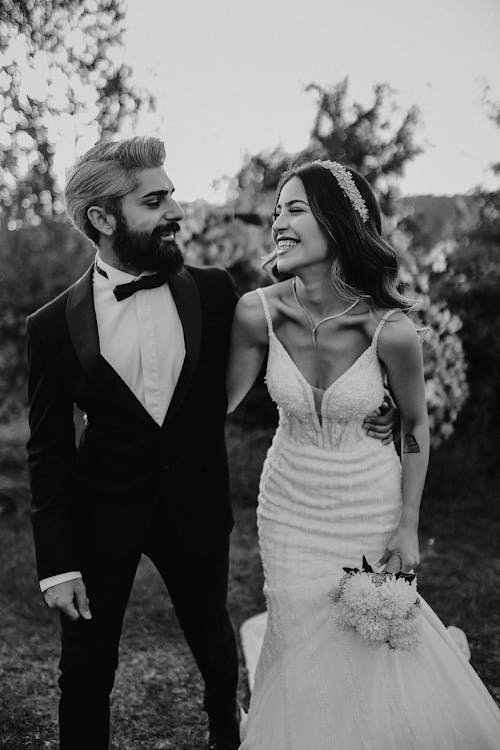 Smiling Newlyweds in Black and White