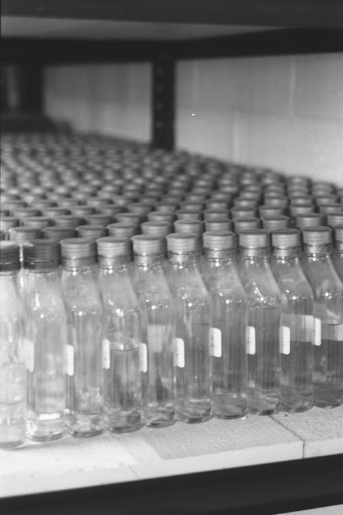 A black and white photo of bottles on a shelf