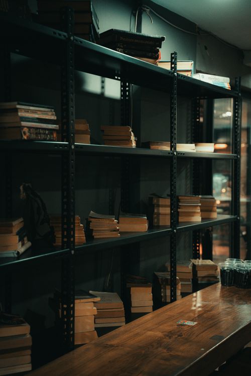 Free A warm, inviting library scene with vintage wooden shelves filled with books, creating a cozy reading atmosphere. Stock Photo