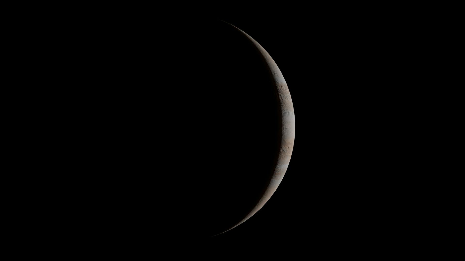 Captivating crescent view of Jupiter with distinct atmospheric bands against the black void of space.