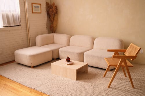 A Soft, Light Colored Sofa and a Wooden Chair in a Modern Living Room 