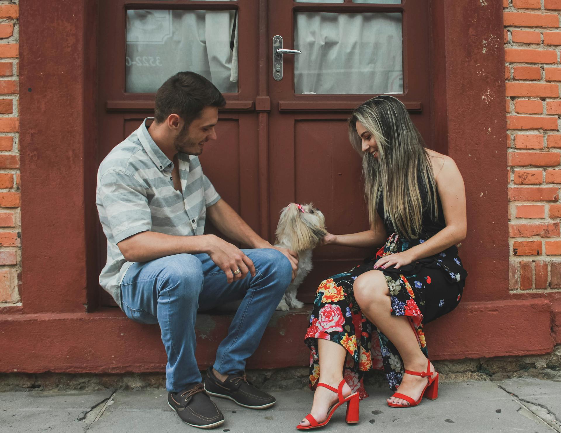 Un Shih Tzu adulte est assis à côté d'un homme et d'une femme devant la porte.