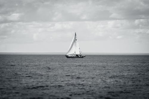 Black and White Photo of a Sailboat on a Body of Water 