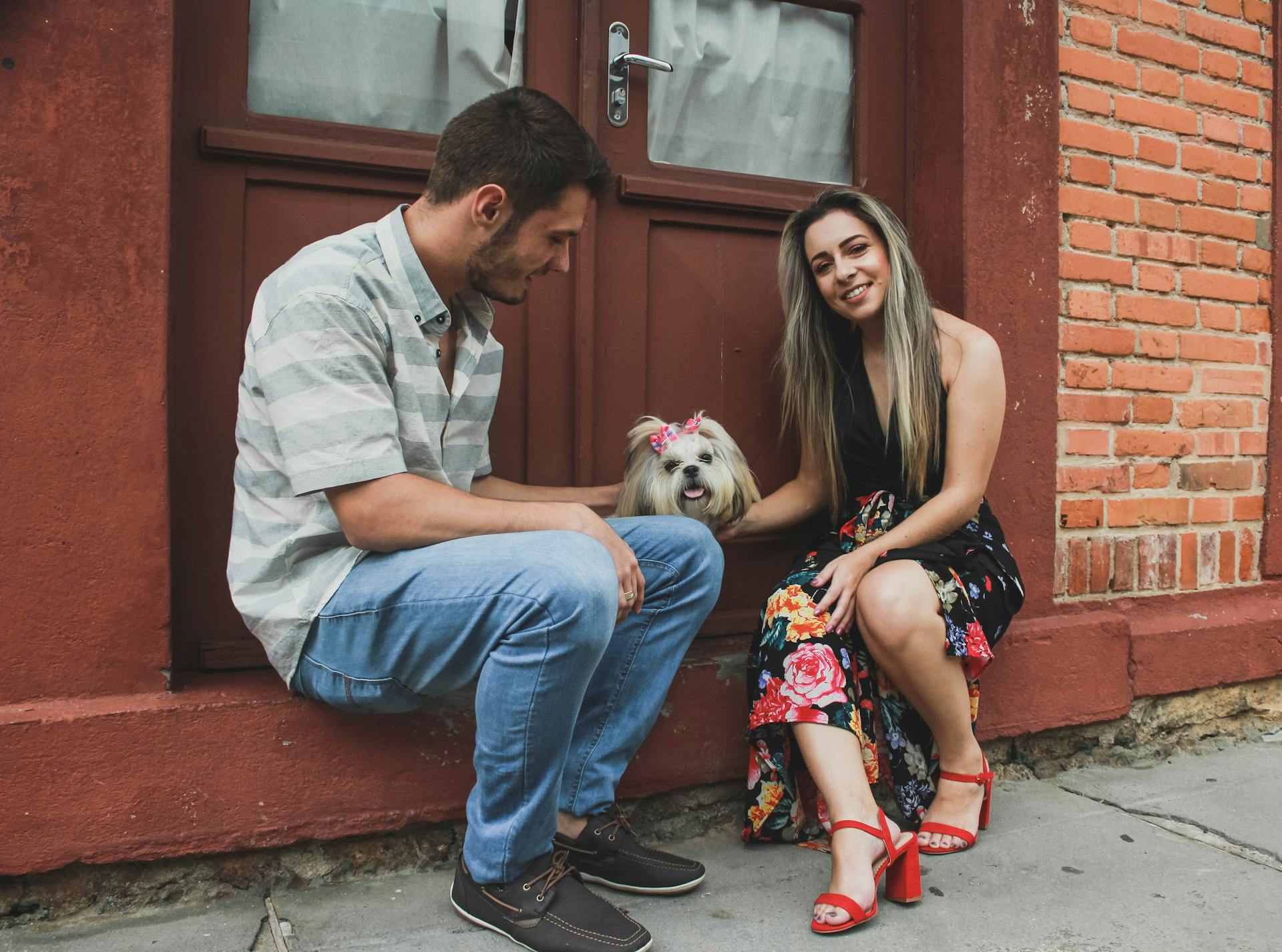 Photo d'un couple souriant caressant un Shih Tzu tout en étant assis