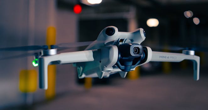 A close-up shot of a quadcopter drone hovering in an indoor setting.
