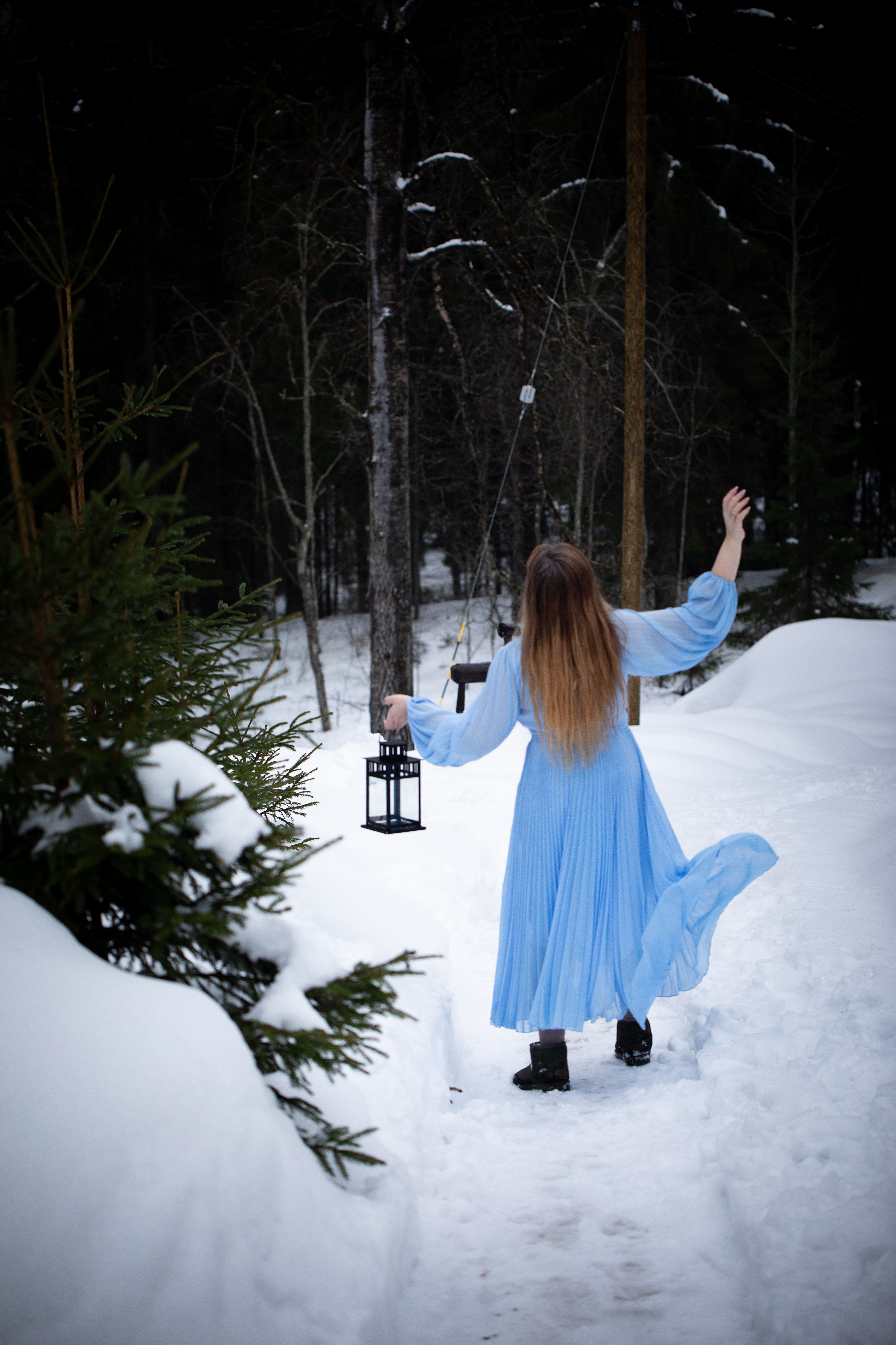 Back View of a Woman in a Blue Dress Walking Outside in Winter · Free Stock  Photo