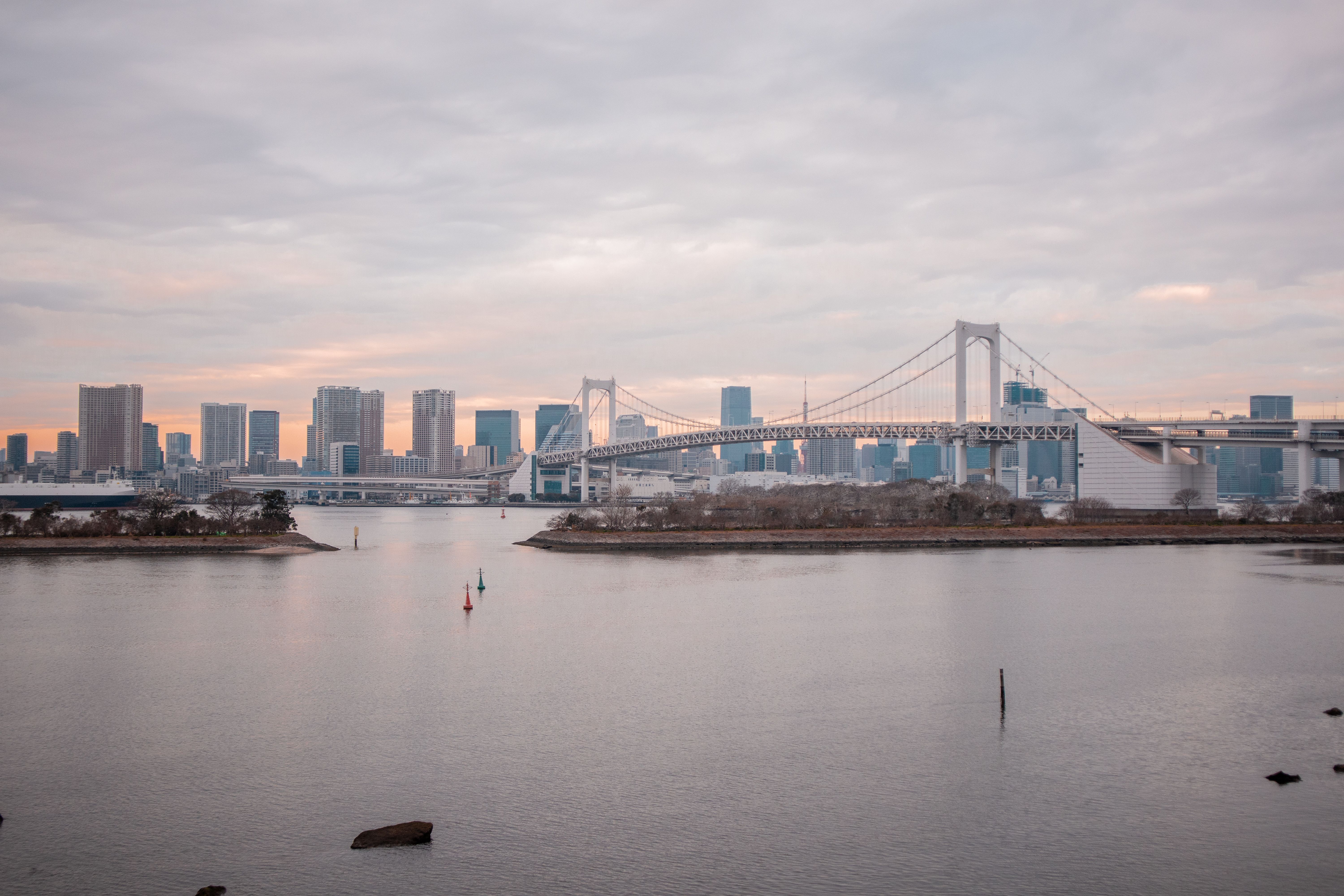 A stunning view of the Yokohama skyline with a bridge at sunset, featuring urban architecture.
