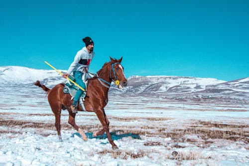 Man Riding Horse in Snow in Winter 