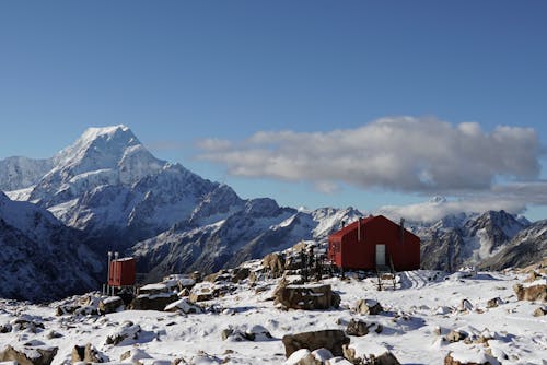 Wooden Red Shelter in Snowcapped Rocky Mountains