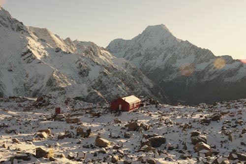 Wooden Red Cottage in Snowcapped Mountains