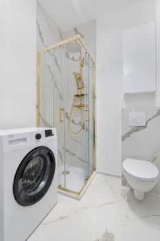 Bright and elegant bathroom featuring a luxury shower, toilet, and washing machine.