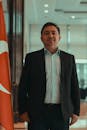 Elegant Man in Black Dinner Jacket and Shirt Posing by Turkish Flag