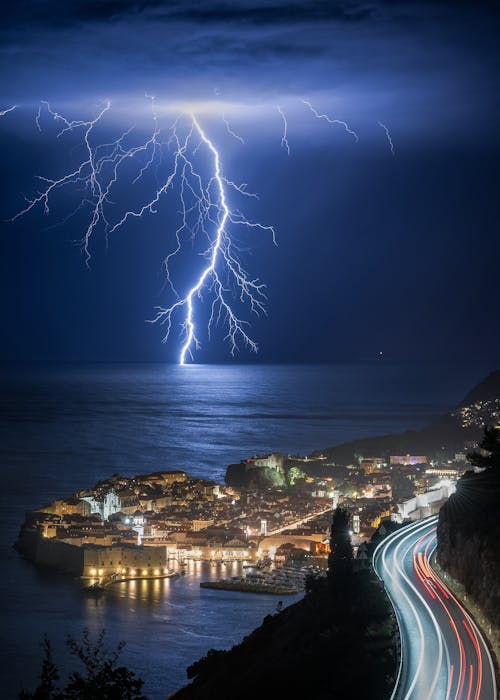 Free Lightning over Dubrovnik at Night Stock Photo