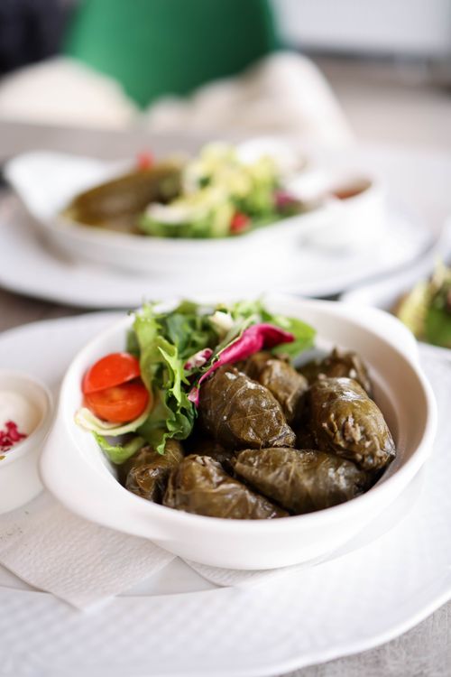 Free A close-up of fresh dolma in a white bowl, garnished with mixed salad. Perfect for food photography enthusiasts. Stock Photo