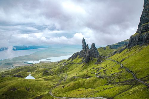 Free Majestic view of the Old Man of Storr in Scotland, showcasing rugged landscapes under a cloudy sky. Stock Photo