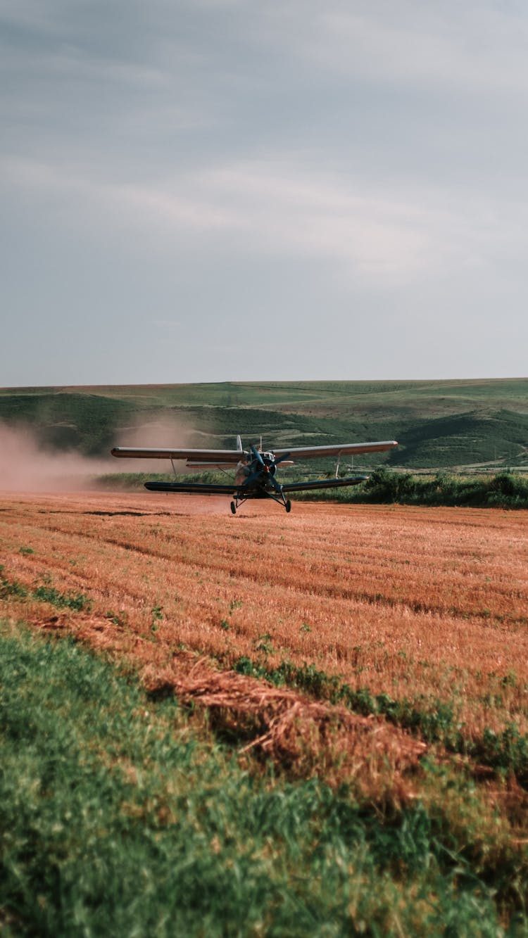 Biplane Landing On Field