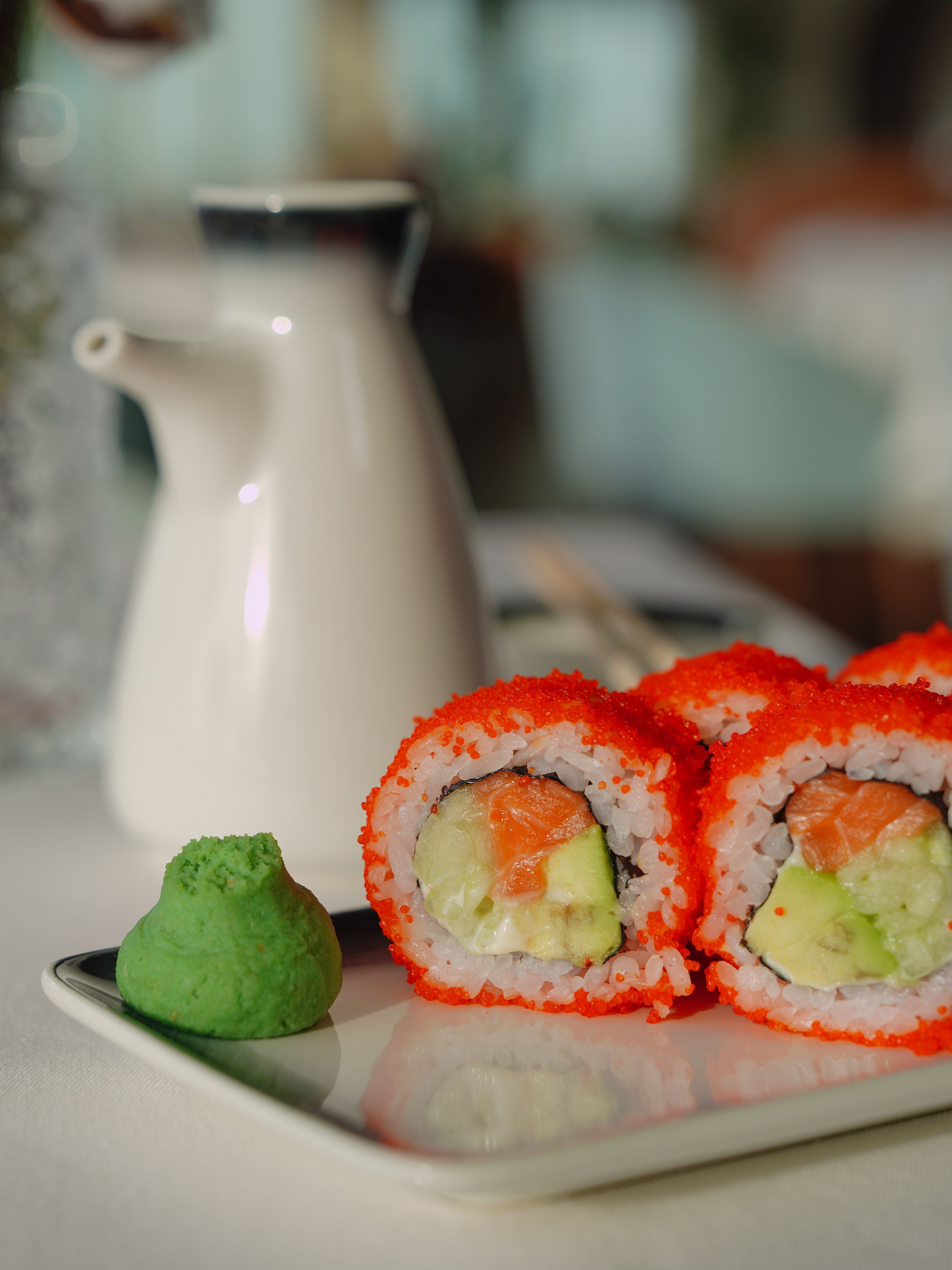 Close-up of Red Caviar Sushi with a Portion of Wasabi · Free Stock Photo