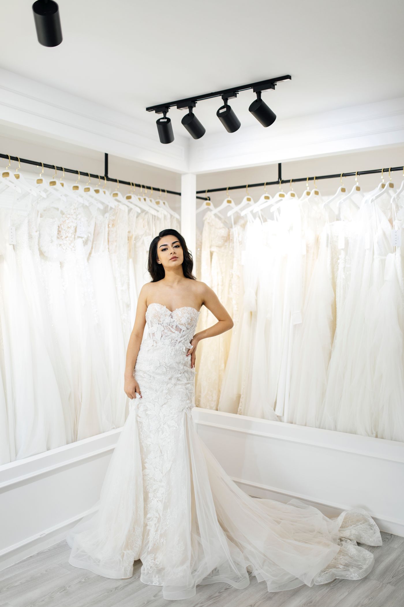 Bride in a sculptural off-shoulder gown