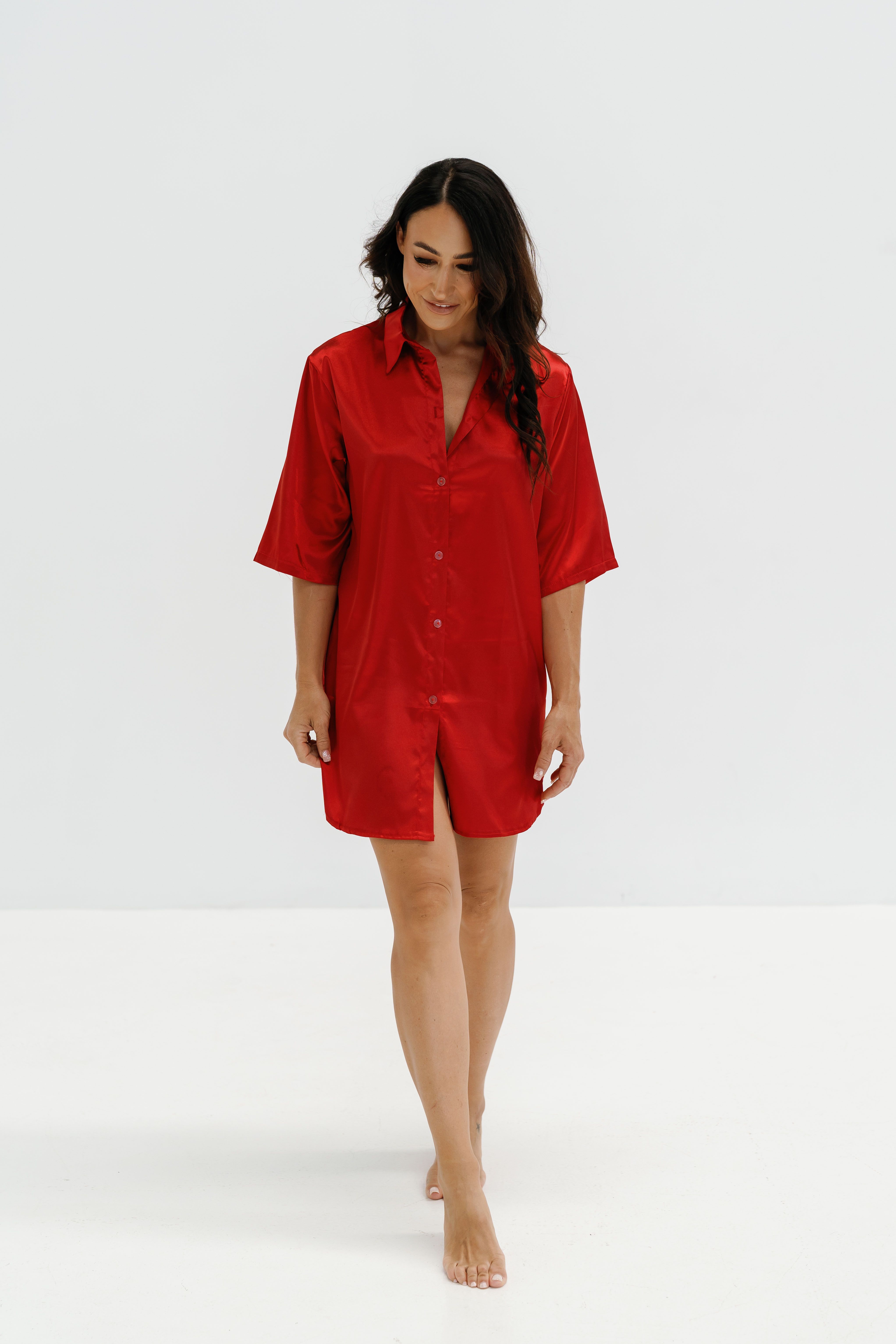 Satin Silk Shirt Dress in Anthracite