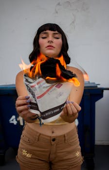 一名年轻女子手持燃烧的报纸，站在户外，营造出戏剧性的场景