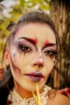 Close-up portrait of woman with creative makeup in vibrant colors, set outdoors.