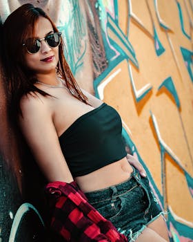 Young woman in casual streetwear leaning against a colorful graffiti wall, smiling with sunglasses.