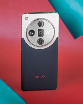 Close-up of a contemporary smartphone with a triple lens camera against a vibrant red backdrop.