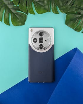 Modern smartphone placed on a vibrant blue backdrop, decorated with tropical green leaves, highlighting tech style.