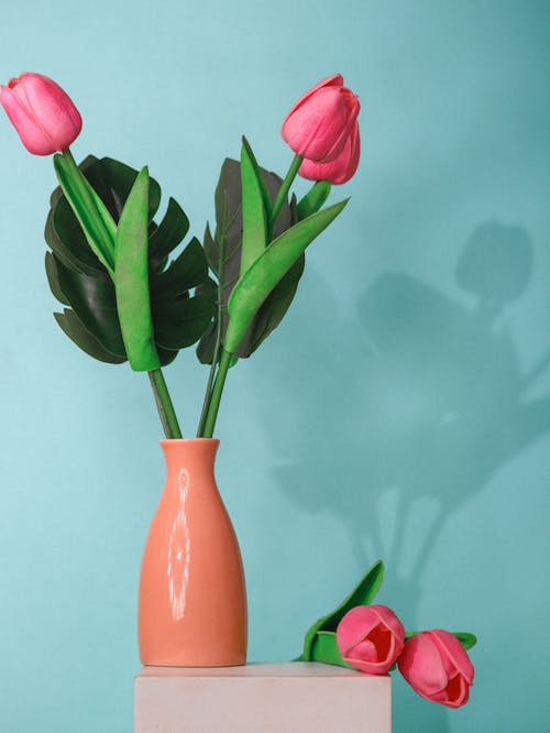 A vase with pink tulips and a green plant