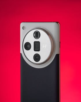 Close-up of a contemporary smartphone with a triple camera, set against a striking red background.