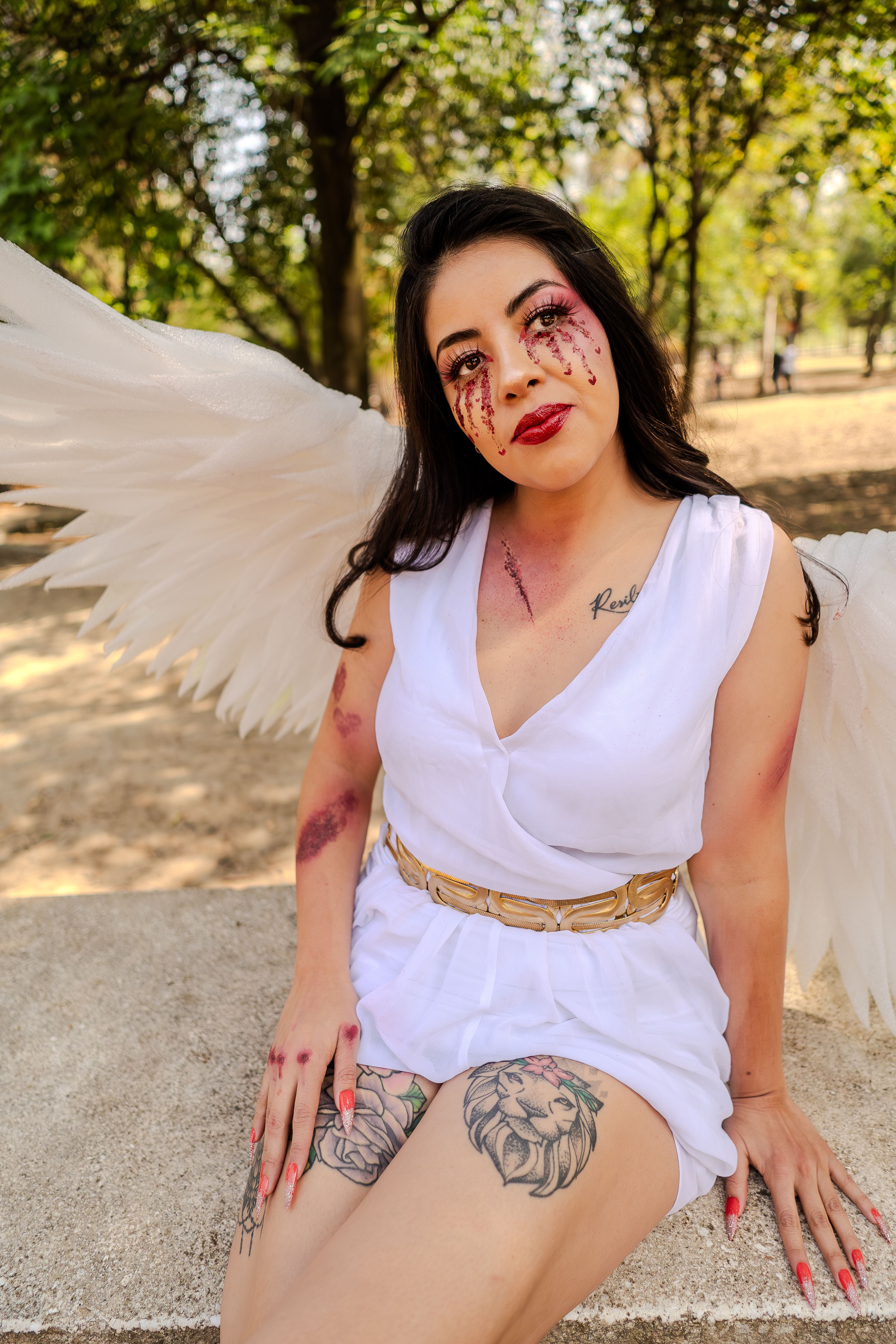 Artistic angel concept with wings in an urban park in Mexico City.