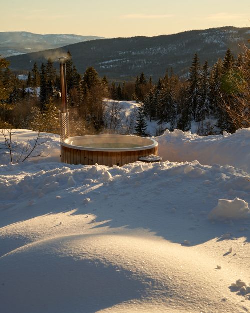 Free A serene winter setting with a hot tub amidst snowy trees in Krøderen, Norway. Stock Photo